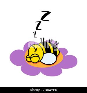 Cute bee sleeping on a flower, with zzz text. Doodle style vector illustration. Cute little hand drawn Bumblebee sketch illustration. Happy fat baby b Stock Vector