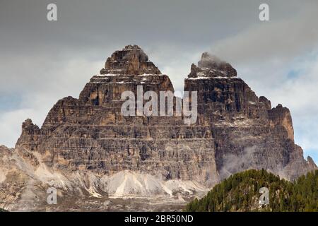 Tre Cime di Lavaredo from Lago di Misurina Stock Photo