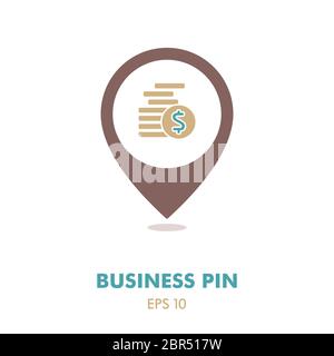 Coins stack outline vector illustration. Money stacked coins pin map icon. Finances sign. Map pointer. Map markers. Graph symbol for your web site des Stock Photo