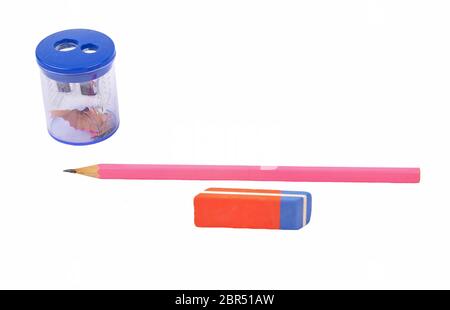 Pencil, eraser and sharpener on white Stock Photo