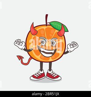 An illustration of Orange Fruit cartoon mascot character as red devil with horns and tail Stock Vector