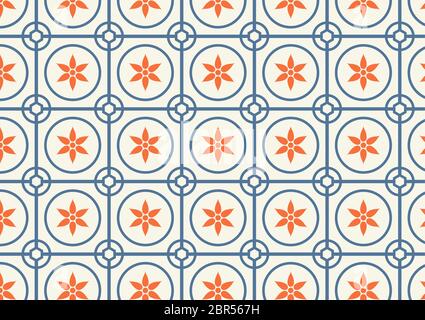 Orange flower, dark blue circle and hexagon pattern on pastel color Stock Photo