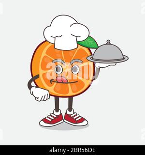 An illustration of Orange Fruit cartoon mascot character as a Chef with food on tray ready to serve Stock Vector