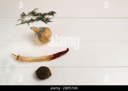 Rotten onions and red peppers, dried sprigs of rosemary and beets. Food waste concept. Stock Photo