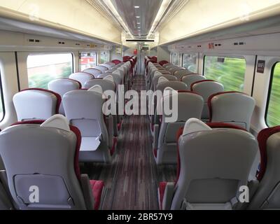 Empty train carriage on West Coast cross country service during the coronavirus pandemic lockdown. 19th May 2020. Exeter, Devon UK Stock Photo