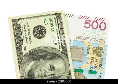Banknotes of 100 USD and 500 PLN isolated on white background with clipping path Stock Photo