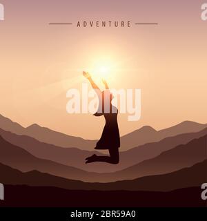 happy girl with raised arms jumps at mountain landscape vector illustration EPS10 Stock Vector