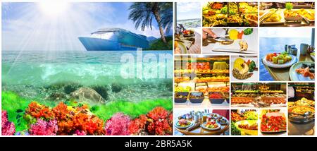 Cruise ship in open water side view with copy space. Collage about room Buffet aboard the abstract luxury cruise ship. Stock Photo