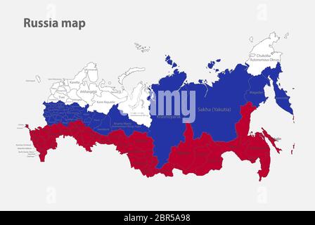 Map of the Russia in the colors of the flag with administrative divisions vector Stock Vector