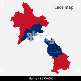 Map of the Laos in the colors of the flag with administrative divisions vector Stock Vector