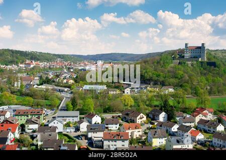 Aerial view over the city of Eichstaett (Bavaria, Germany) in the Altmuehltal valley Stock Photo