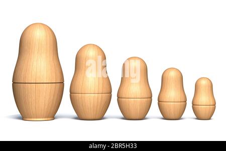 Wooden unpainted matryoshka dolls 3D render illustration isolated on white background Stock Photo