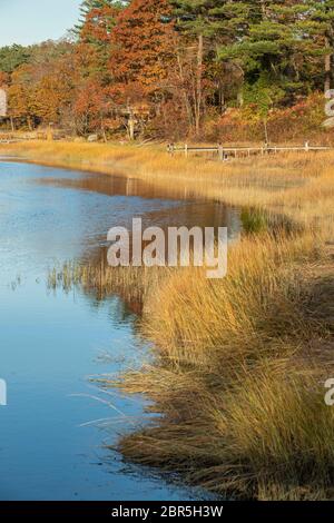 A beautiful small harbor located west of downtown. The Little River meanders through towns and villages on Boston's North Shore. Pretty in fall. Stock Photo