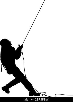Black silhouette craftsman pulling rope on white background. Stock Vector
