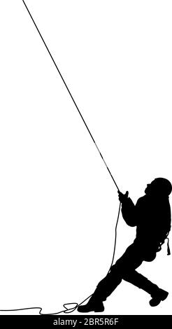 Black silhouette craftsman pulling rope on white background. Stock Vector