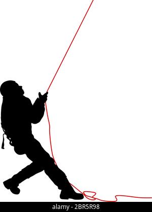 Black silhouette craftsman pulling rope on white background. Stock Vector
