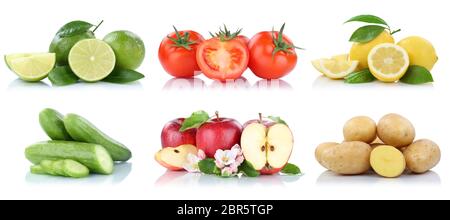 Fruits vegetables collection isolated apple apples tomatoes lemons colors fresh fruit on a white background Stock Photo