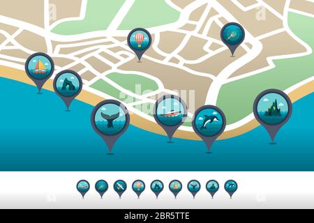Excursion sea vector pin map icon set. Summer time Map pointer. Map ...