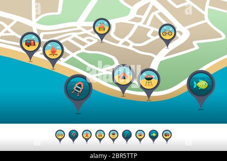 Camping trailer vector pin map icon. Beach Map pointer. Summer Map ...