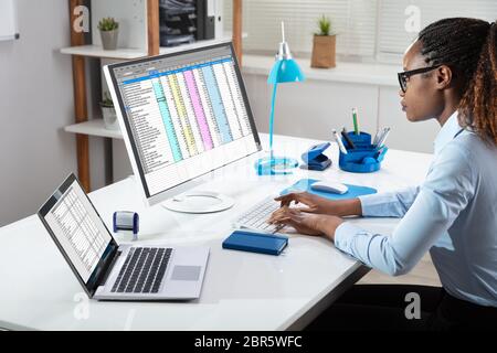 Side View Of Businesswoman's Hand Analyzing Data On Computer Over Desk Stock Photo