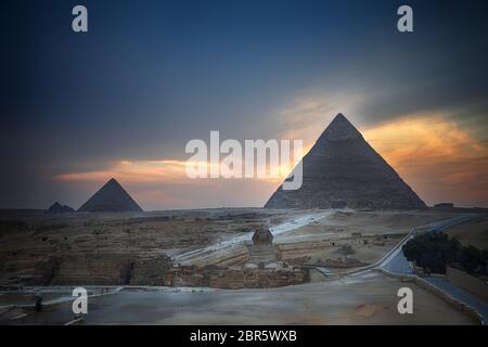 The Giza Pyramids and the Sphinx in the evening, Egypt. Stock Photo