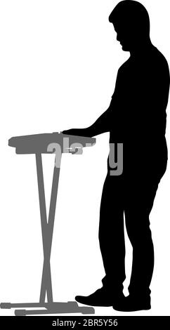Silhouette musician plays the synthesizer on a white background. Stock Vector