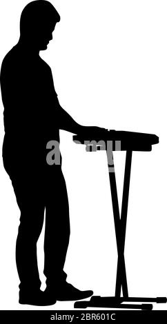 Silhouette musician plays the synthesizer on a white background. Stock Vector