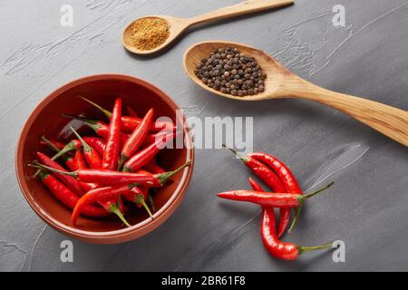 Still life with different peppers (whole black dry and powdered mix peppers in a wooden spoons, fresh red chile peppers in a bowl) on a gray backgroun Stock Photo