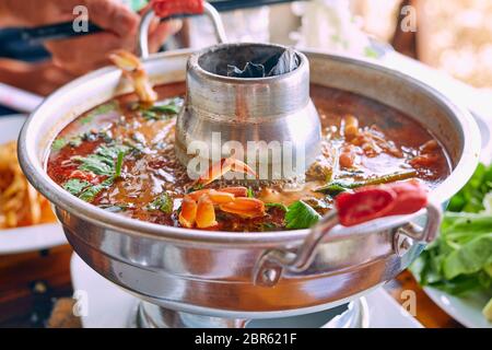 Vietnamese seafood in a pot boiling with crab and spices yummy Stock Photo