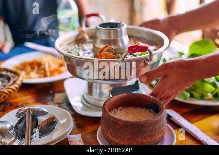 Vietnamese seafood in a pot boiling with crab and spices yummy Stock Photo