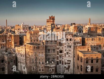 view of  downtown sanaa city old town traditional arabic architecture skyline in yemen Stock Photo