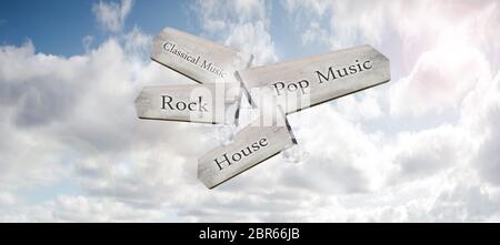 A wooden way-marker sign pointing to different music genres in a blue sky Stock Photo