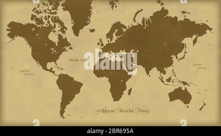 Antique retro world map illustration on beige background Stock Photo