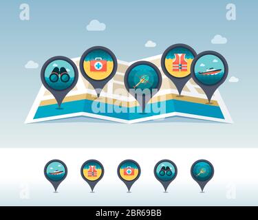 Speed boat, binocular, helicopter, medical box and life jacket pin map icon located on map. Summertime Map pointer. Beach Map markers. Vacation, eps 1 Stock Photo