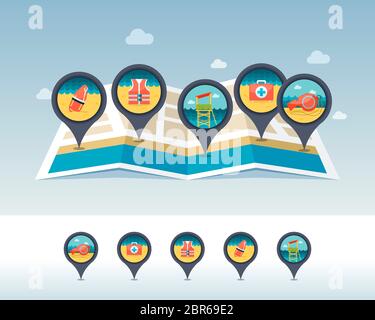 Beach lifebuoy, medical kit, lifeguard, torpedo and whistle pin map icon located on map. Summertime Map pointer. Map markers. Vacation, eps 10 Stock Photo