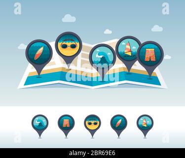 Ocean wave vector pin map icon. Beach Map pointer. Summer Map markers ...