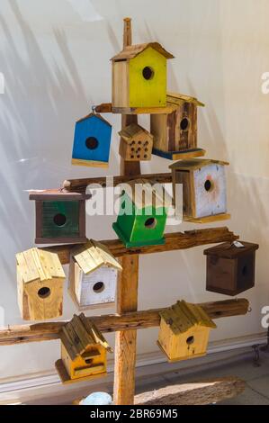 Wooden tree decorated with several birds' nests of all colors Stock Photo