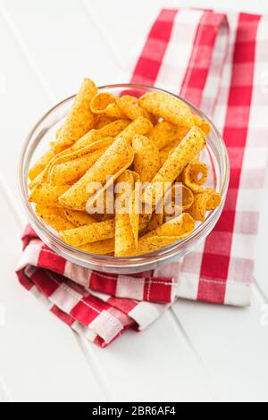 Rolled tortilla chips in bowl. Stock Photo