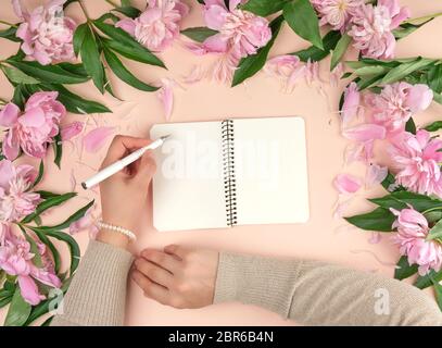 female hand holds in her left hand a white pen over a spiral notebook with empty white pages, next to a bouquet of blooming pink peonies, top view Stock Photo