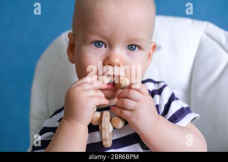 eco wood toys. baby game. Little clever caucasian child playing natural toys on highchair. games for early development. Toy in kids mouth. Stock Photo