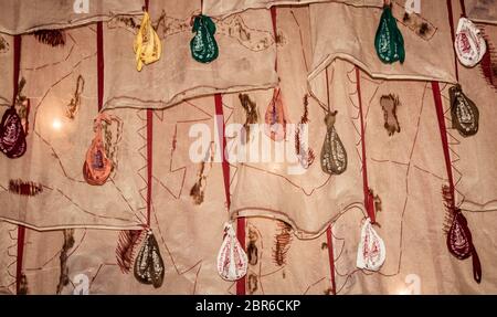 Mayapur Chandrodaya Temple ISKCON 1 May 2018 - Japamala or mala a string of prayer beads with lucky words hanged by Pilgrims for wish and pray. Spirit Stock Photo