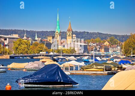 Zurich waterfront landmarks and church colorful view, lake view, largest city in Switzerland Stock Photo