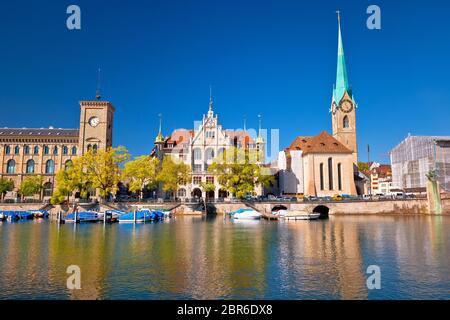 Zurich waterfront landmarks and church colorful view, Limmat river, largest city in Switzerland Stock Photo