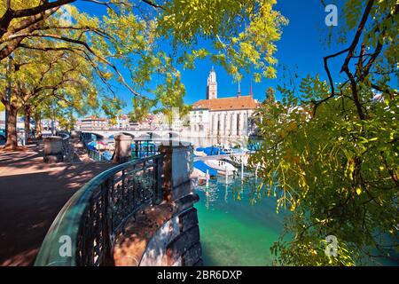 Zurich waterfront Limmat river and landmarks colorful view, largest city in Switzerland Stock Photo