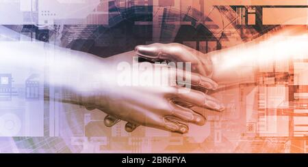 Human and Robot Hand System Integration Concept Art Stock Photo