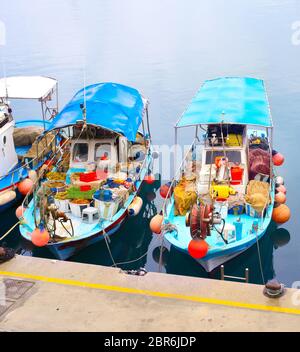 Typical Cyprus fishing boats in Limassol harbor Stock Photo