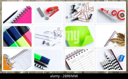 Collage of diferent photos of school supplies, stationery on white background. Back to schoool, college. Stock Photo