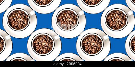 Seamless pattern with coffee beans in cups on blue background,panorama. Stock Photo