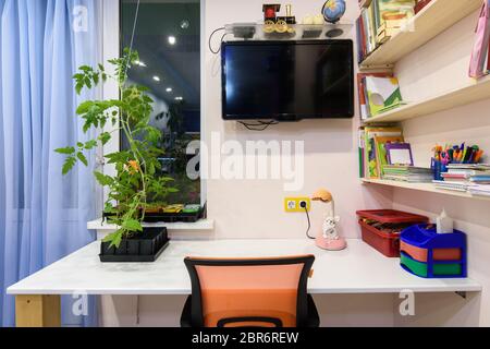 A desk in the children's room, on the wall a TV and shelves for school books Stock Photo