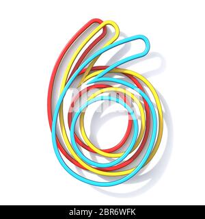 Three basic color wire font number 6 SIX 3D rendering illustration isolated on white background Stock Photo